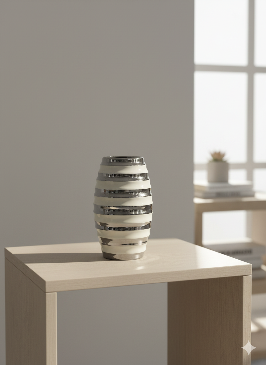 Modern Silver Stripe Ceramic Vase – Luxury Table Décor