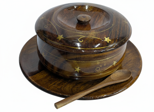 Handcrafted Wooden Star-Inlay Serving Pot with Plate & Spoon