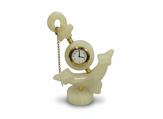 Hand-Carved Onyx Maritime Desk Clock — Ship & Anchor Design