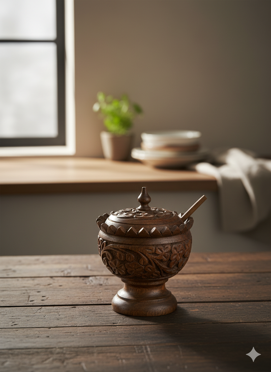 Hand-Carved Wooden Spice / Sugar Pot with Spoon & Lid