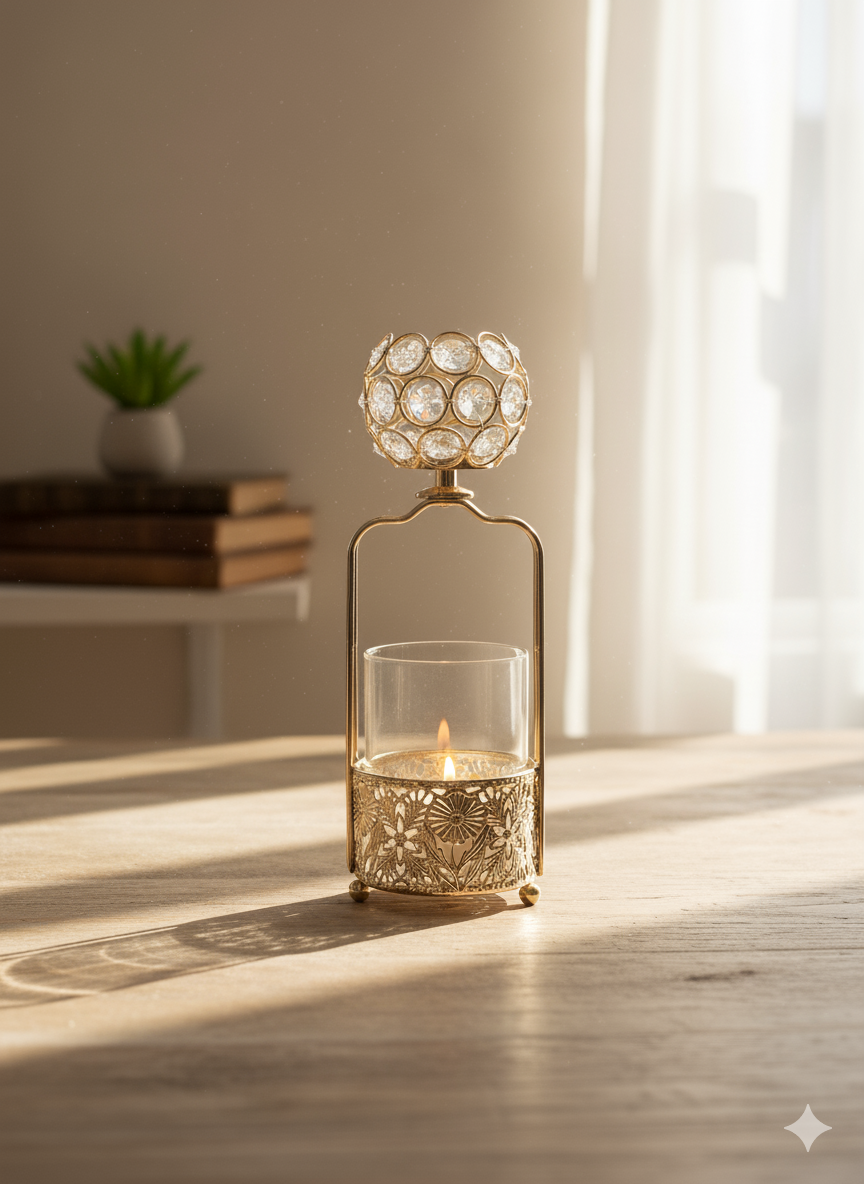 Golden Crystal Floral Candle Holder – Elegant Home Décor Accent