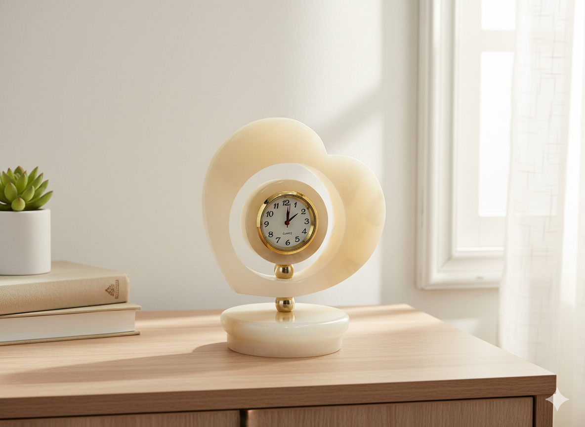 Heart-Shaped Onyx Stone Table Clock (Decorative / Gift Item)