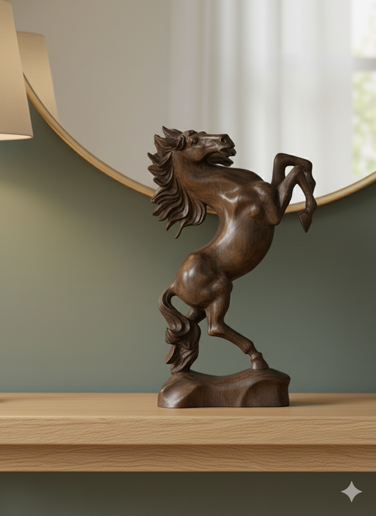 Hand-Carved Wooden Rearing Horse Sculpture