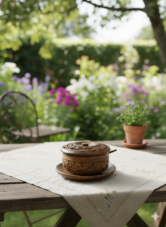 Hand-Carved Wooden Spice / Pickle Server with Spoon & Base Plate