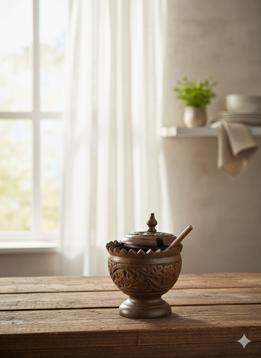 Hand-Carved Wooden Spice / Condiment Jar with Spoon & Lid
