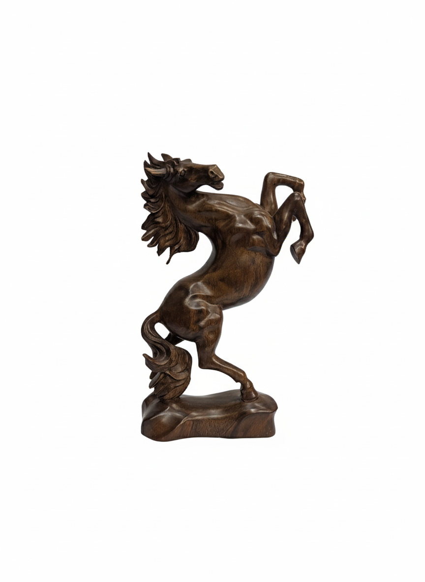 Hand-Carved Wooden Rearing Horse Sculpture
