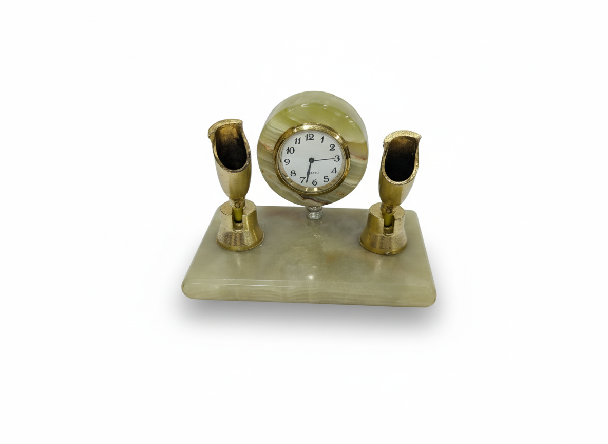 Onyx Stone Desk Clock with Brass Pen Holders — Executive Table Decor