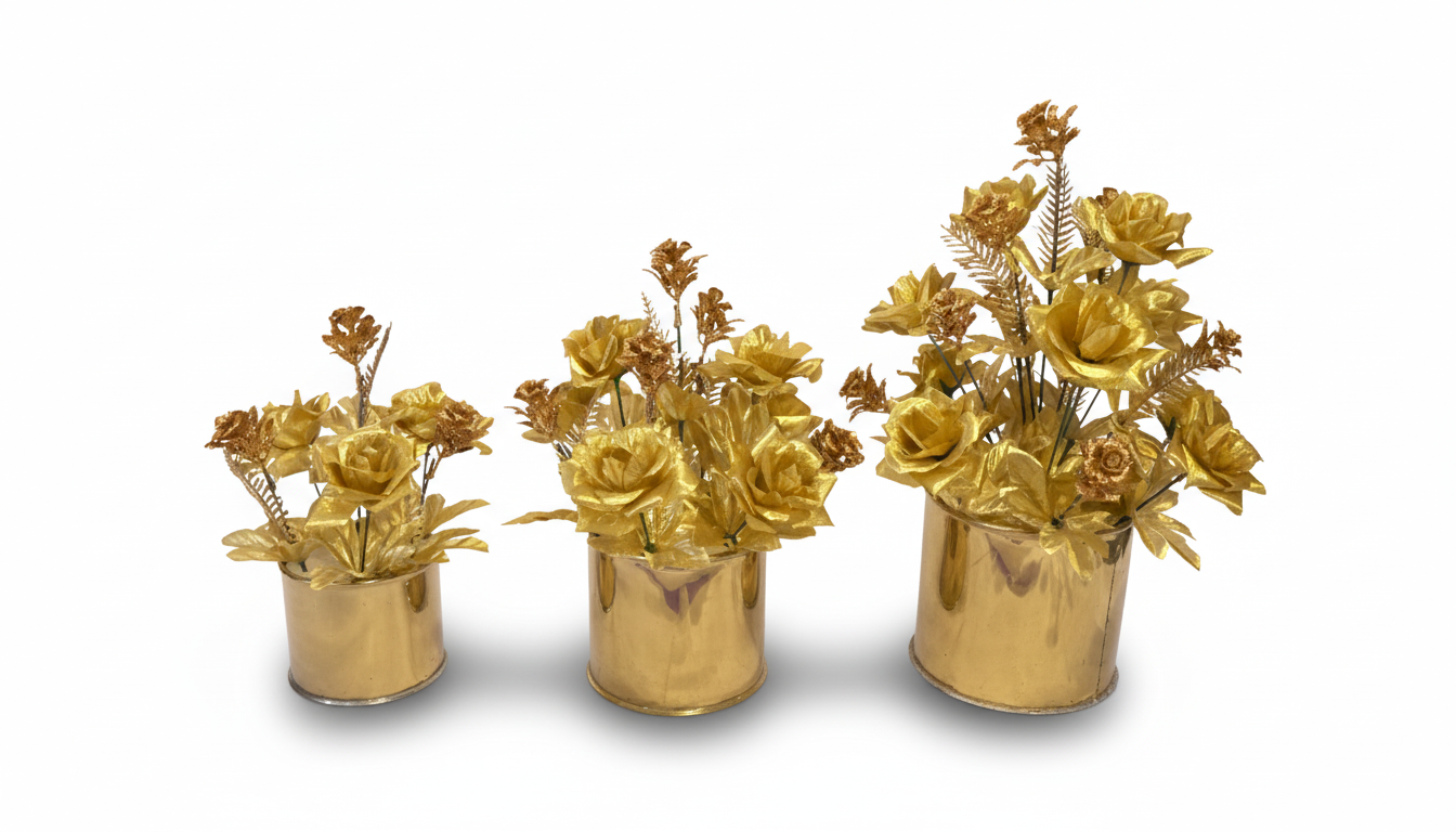 Decorative Artificial Flowers in Metallic Pots (Set of 3) Product Description: