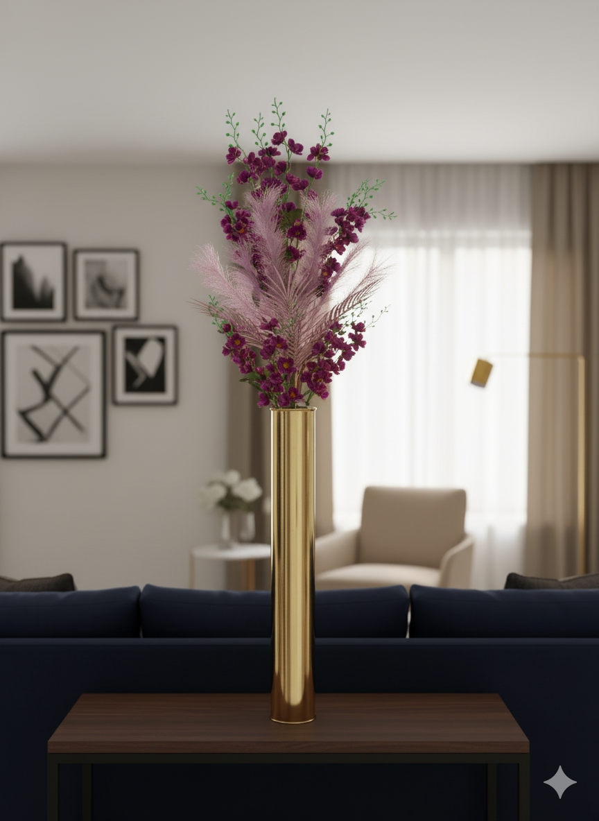 Luxury Gold Cylinder Vase with Pink Feather & Purple Floral Arrangement