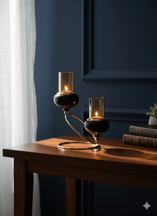 Elegant Dual Candle Holder – Black & Gold Spiral Design