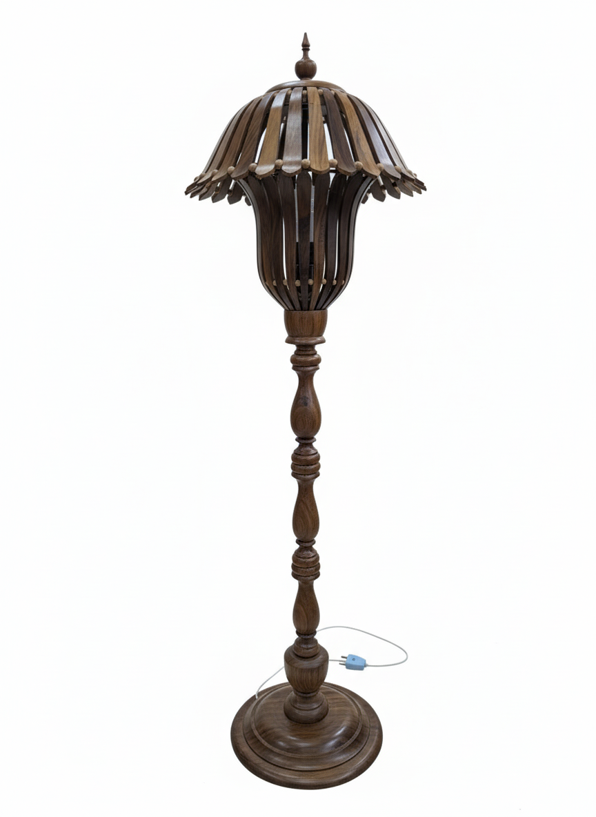 Hand-Crafted Wooden Floor Lamp with Open-Slat Shade