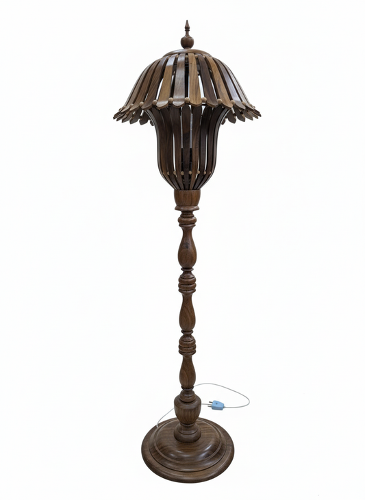 Hand-Crafted Wooden Floor Lamp with Open-Slat Shade