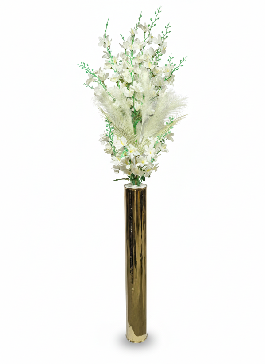Tall Artificial Floral Arrangement in Gold Cylinder Vase