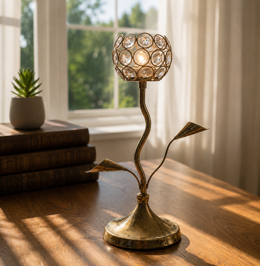 Crystal Candle Holder with Antique Gold Floral Stem