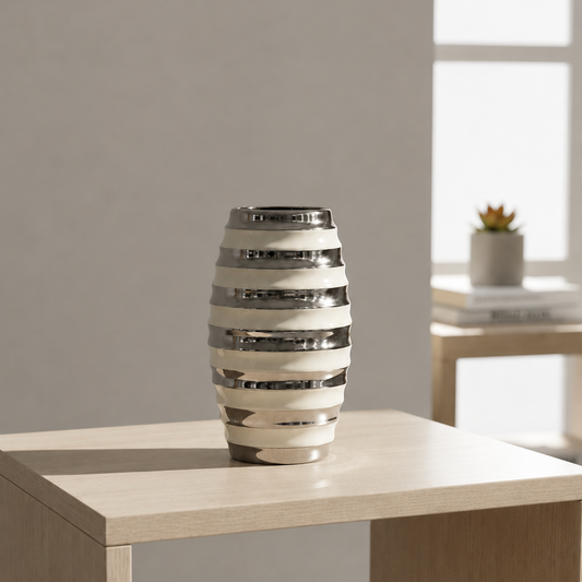 Modern Silver Stripe Ceramic Vase – Luxury Table Décor