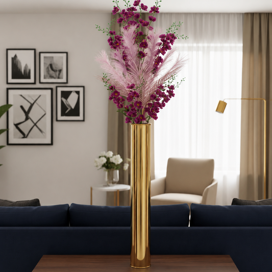 Luxury Gold Cylinder Vase with Pink Feather & Purple Floral Arrangement