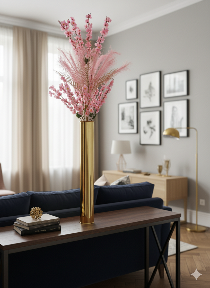 Tall Artificial Floral Arrangement in Gold Cylinder Vase