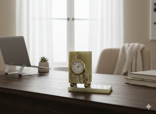 Hand-Carved Onyx Desk Clock — Rectangular Block Design