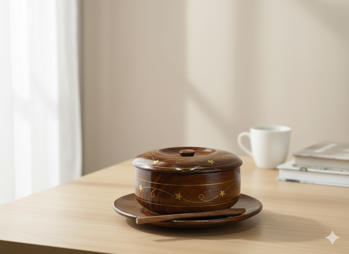 Handcrafted Wooden Star-Inlay Serving Pot with Plate & Spoon