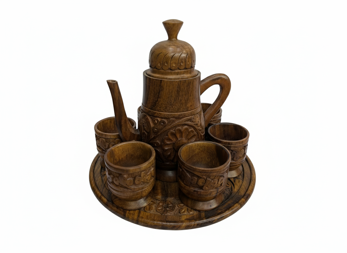 Hand-Carved Wooden Tea Set with Tray (Decorative 7-Piece Set)