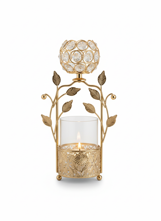 Golden Crystal Floral Candle Holder – Elegant Home Décor Accent