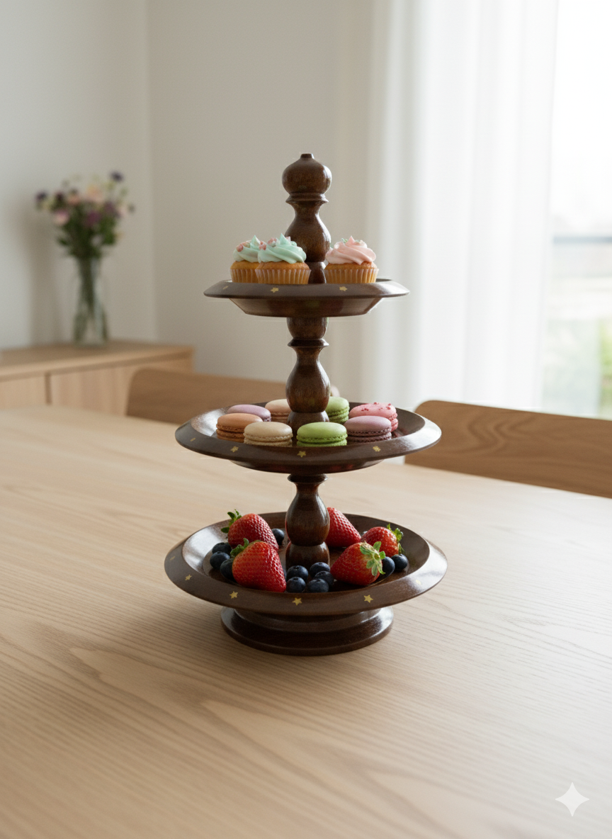 3-Tier Handcrafted Wooden Serving Stand (Inlay Design)