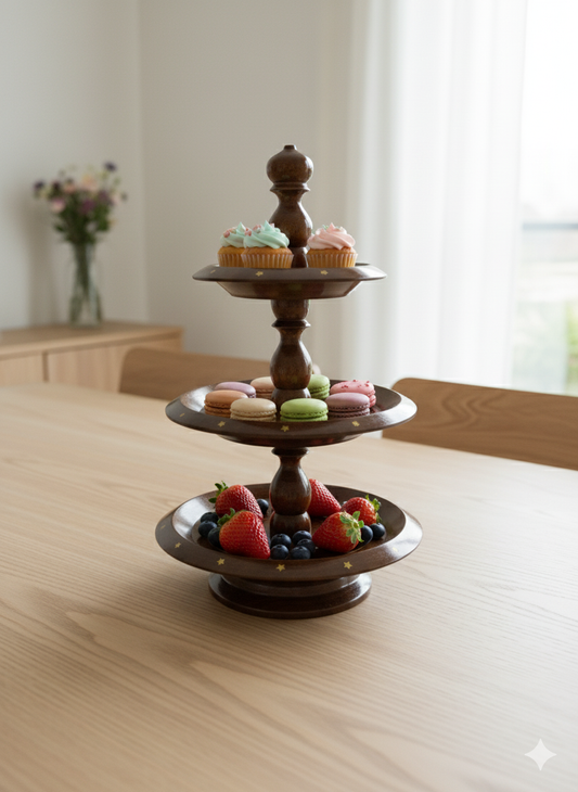 3-Tier Handcrafted Wooden Serving Stand (Inlay Design)