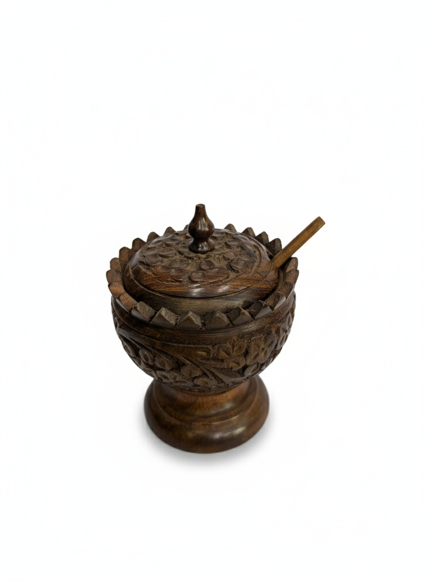 Hand-Carved Wooden Spice / Sugar Pot with Spoon & Lid