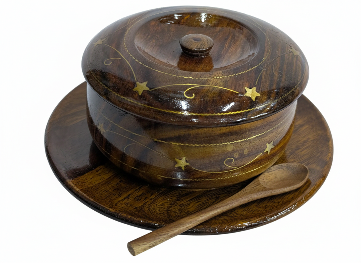 Handcrafted Wooden Star-Inlay Serving Pot with Plate & Spoon
