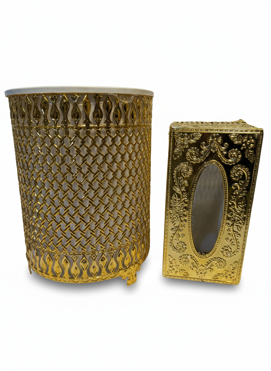 Decorative Tissue box Dustbin (16) made of Metal Golden color- 2 pcs Set