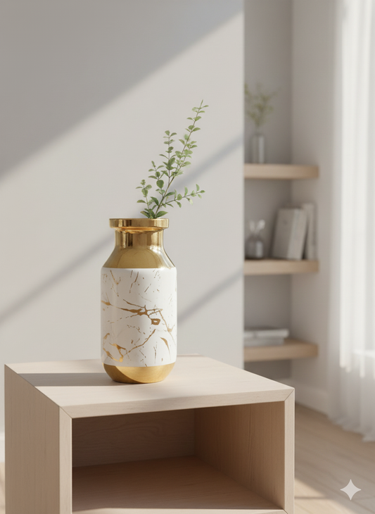 Luxury Gold & White Marble Ceramic Vase