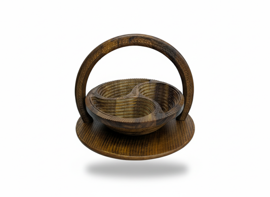 Rotating Wooden Snack & Dry Fruit Server with Handle — 3-Partition Bowl