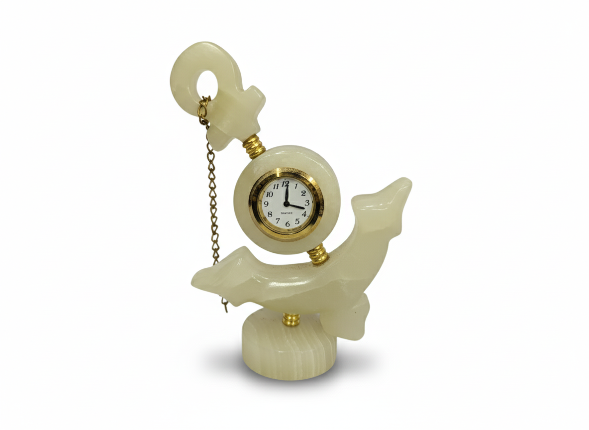 Hand-Carved Onyx Maritime Desk Clock — Ship & Anchor Design