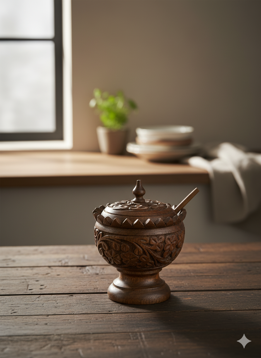 Hand-Carved Wooden Spice / Sugar Pot with Spoon & Lid