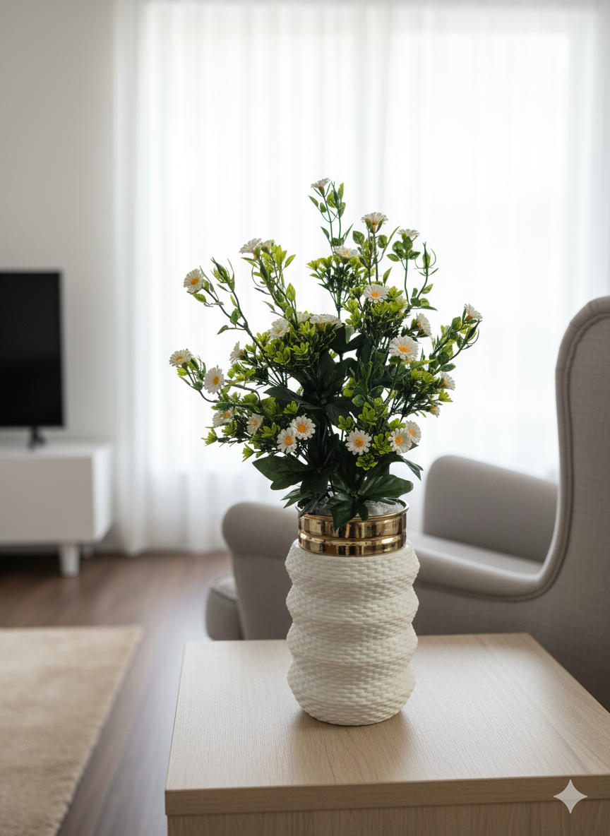 Artificial Pampas & Palm Arrangement in Textured Rope Vase