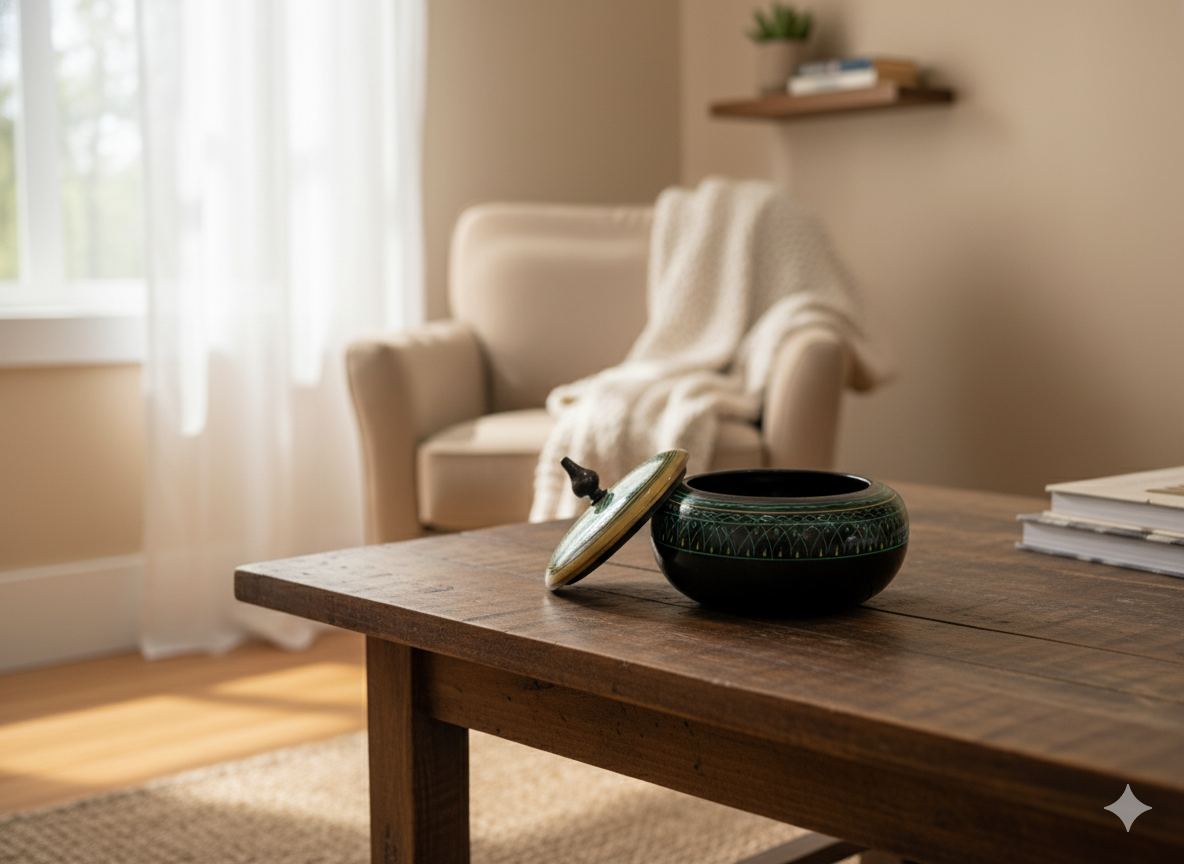 Hand-Painted Wooden Spice / Dry Snack Jar with Lid — Black & Green Tribal Design