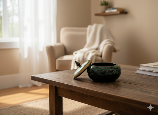 Hand-Painted Wooden Spice / Dry Snack Jar with Lid — Black & Green Tribal Design