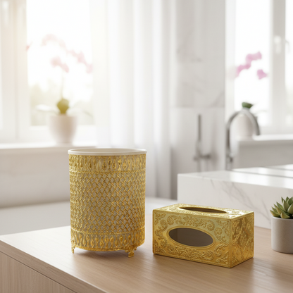 Decorative Tissue box Dustbin (16) made of Metal Golden color- 2 pcs Set