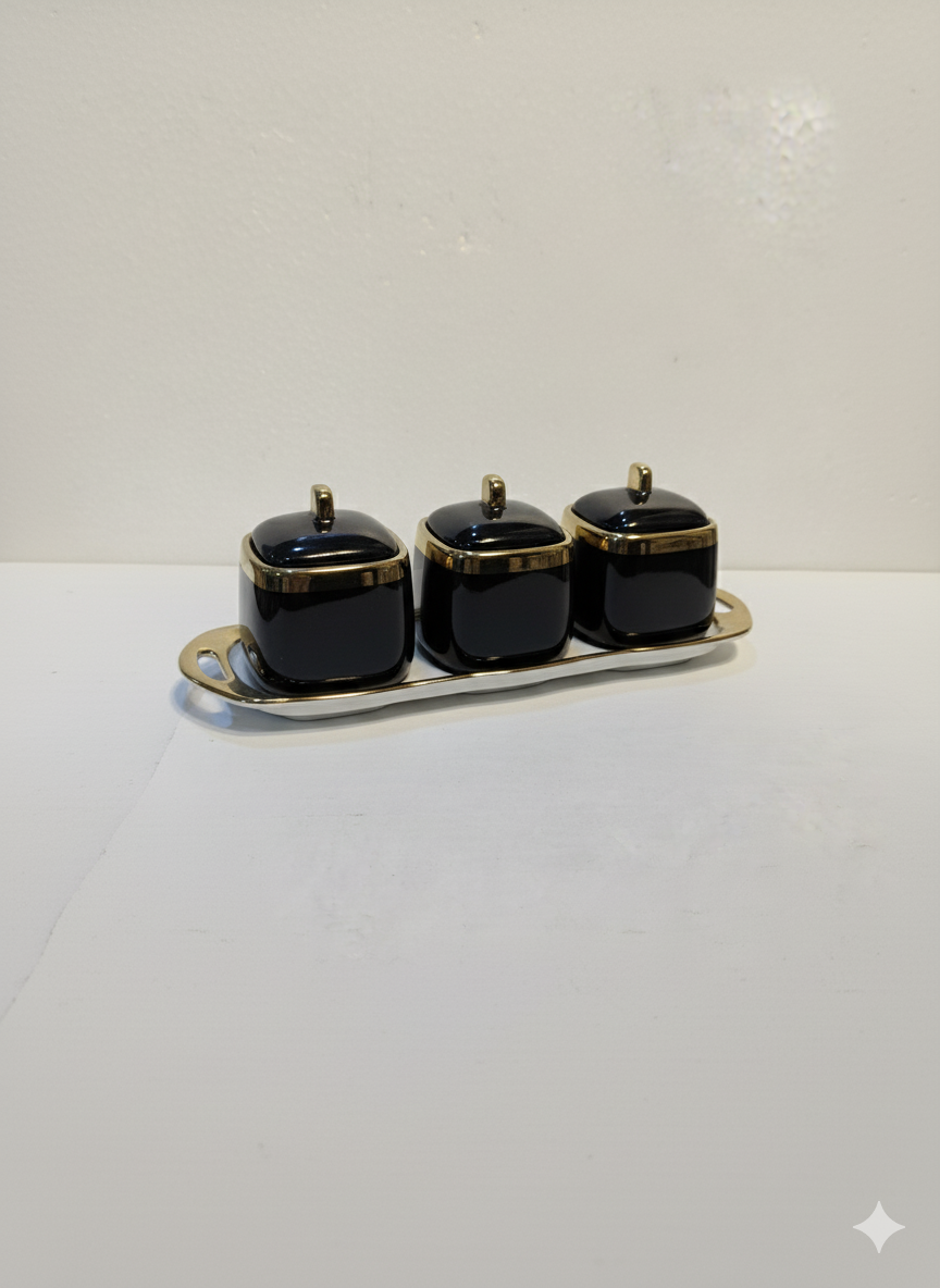 Luxury Ceramic Spice Jar Set – Black & Gold (3 Pieces with Tray)