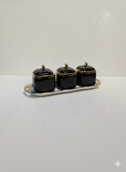 Luxury Ceramic Spice Jar Set – Black & Gold (3 Pieces with Tray)
