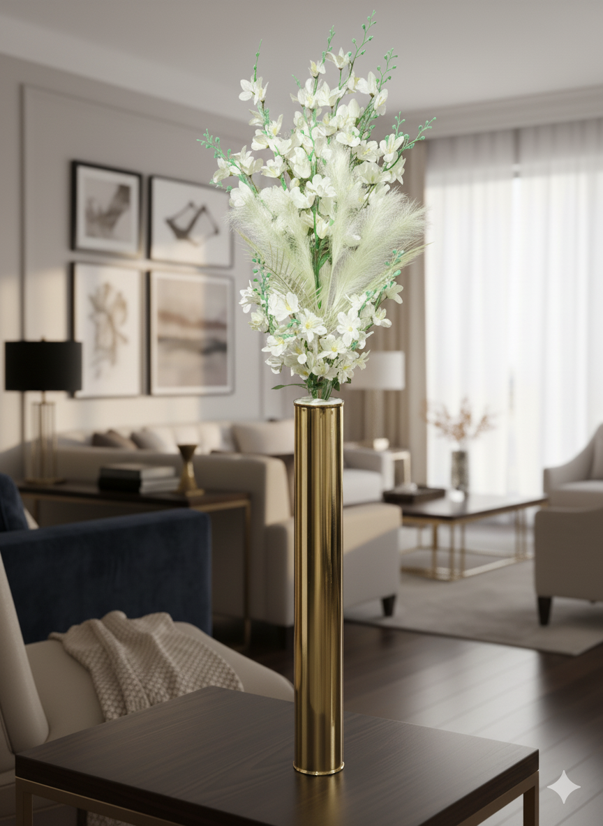 Tall Artificial Floral Arrangement in Gold Cylinder Vase