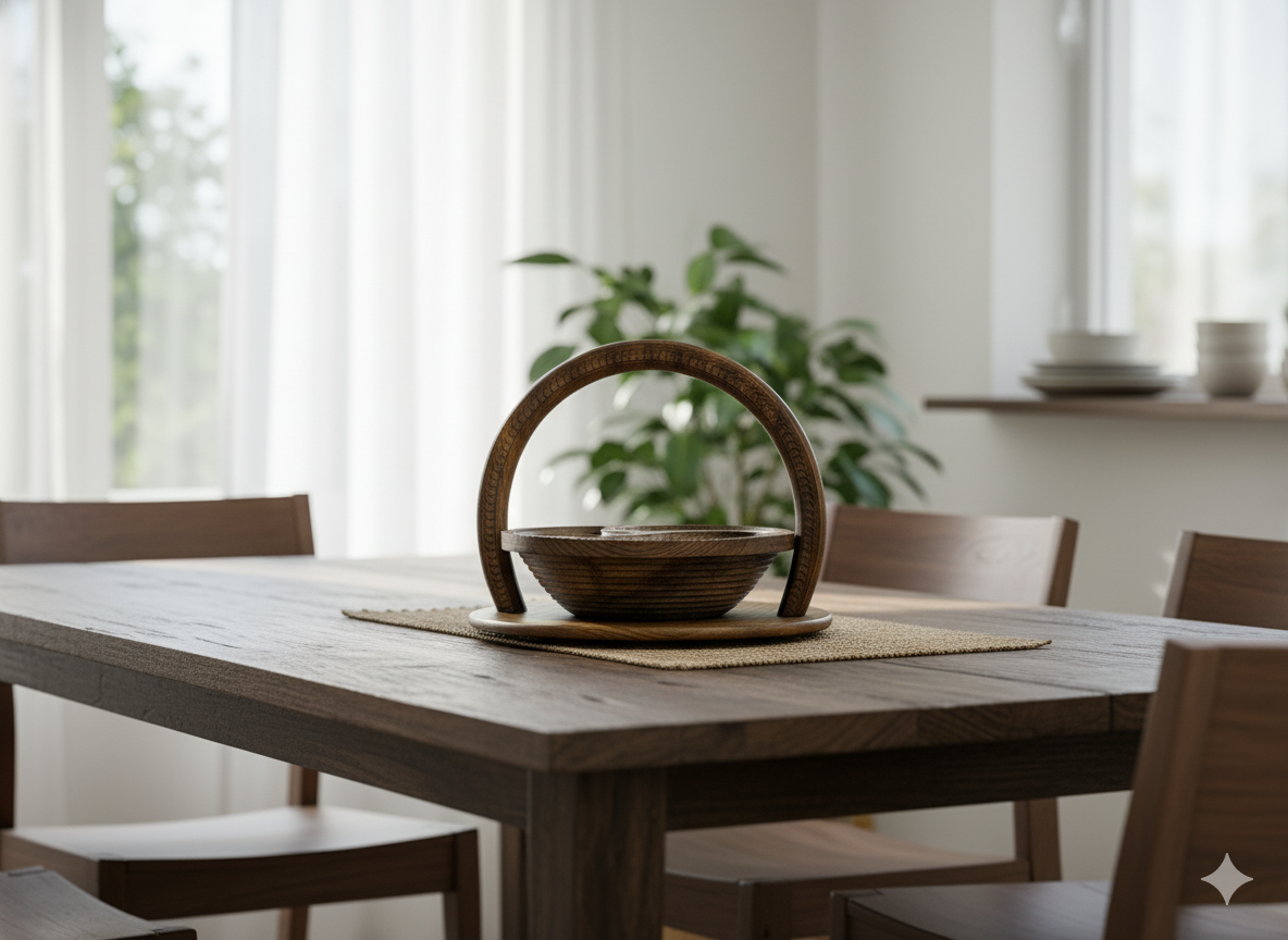 Rotating Wooden Snack & Dry Fruit Server with Handle — 3-Partition Bowl