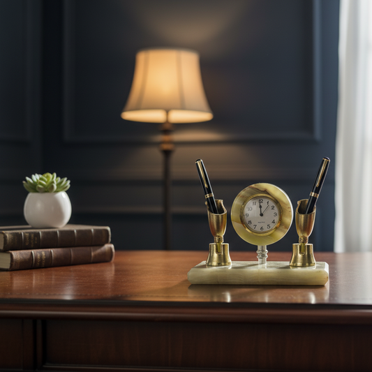 Onyx Stone Desk Clock with Brass Pen Holders — Executive Table Decor