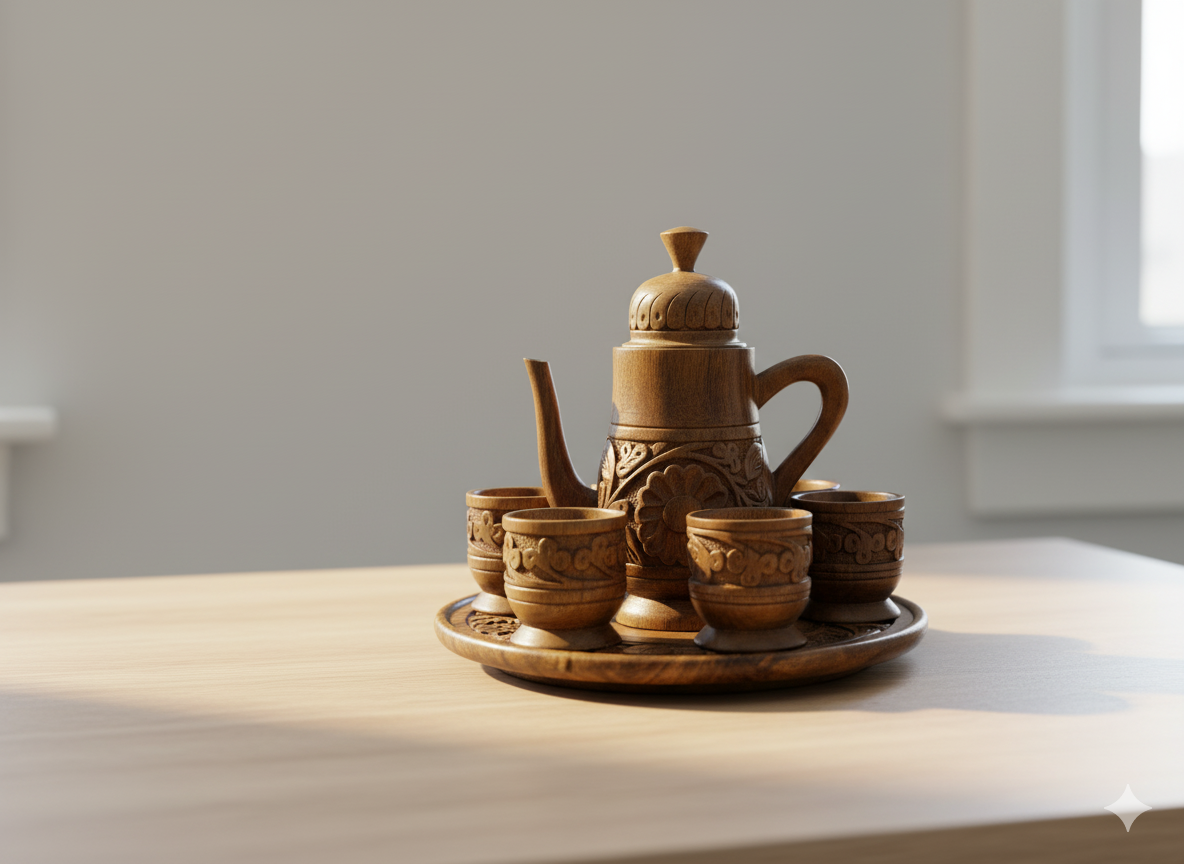 Hand-Carved Wooden Tea Set with Tray (Decorative 7-Piece Set)