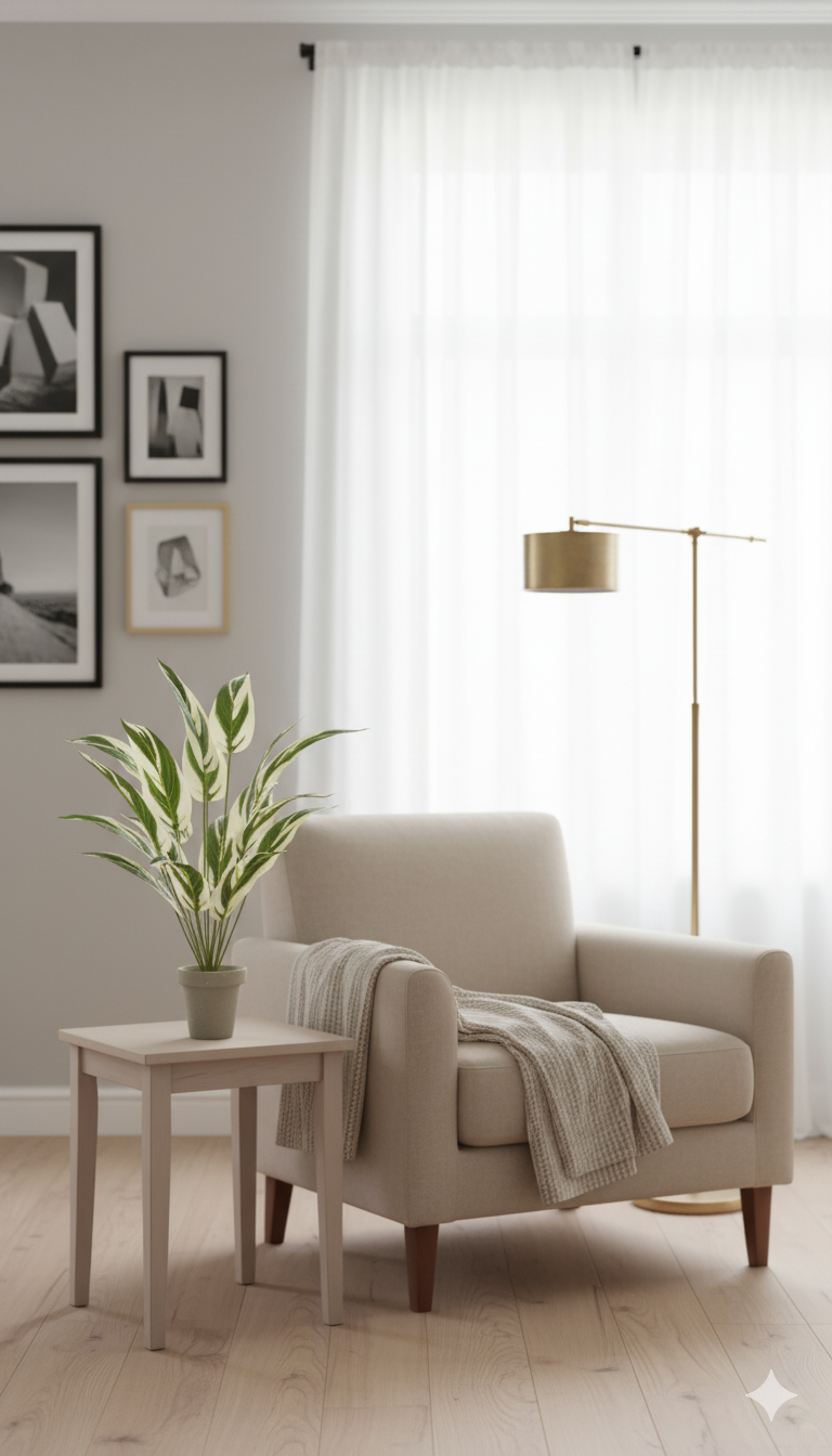 Variegated Green & White Artificial Plant in Beige Pot