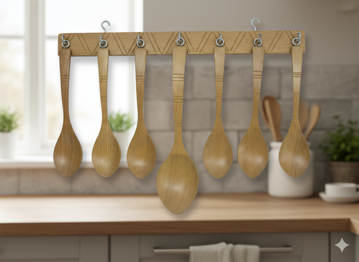 Wooden Cooking Spoon Set with Wall Hanging Rack (7-Piece)