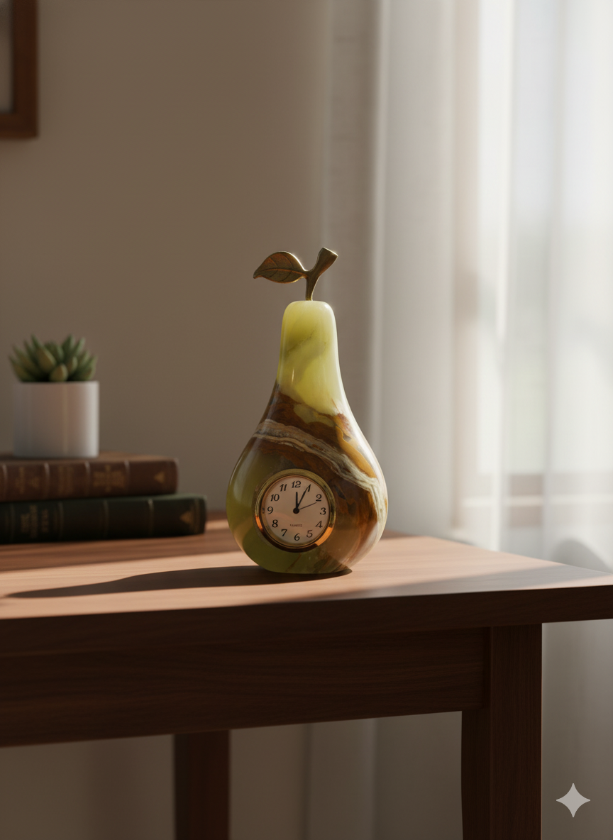 Handcrafted Onyx Pear Table Clock with Brass Leaf