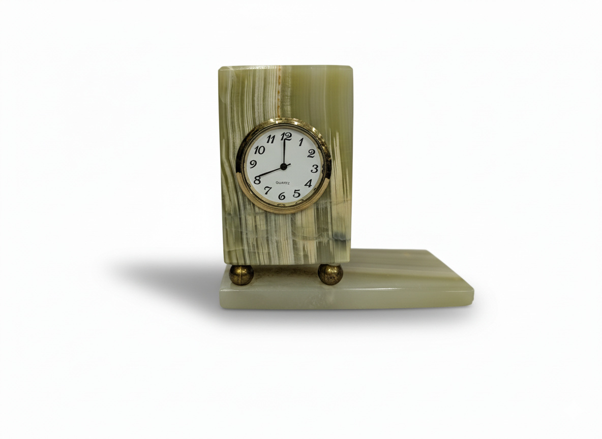 Hand-Carved Onyx Desk Clock — Rectangular Block Design