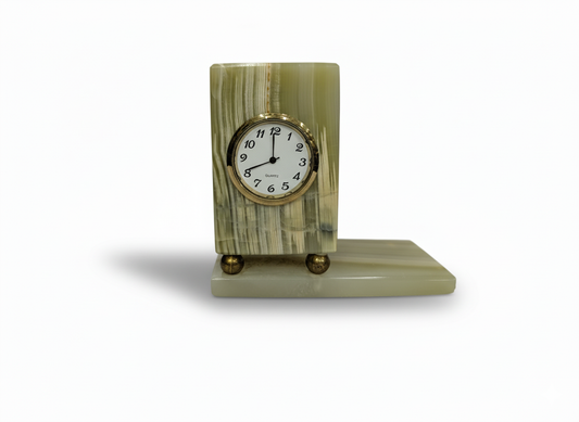 Hand-Carved Onyx Desk Clock — Rectangular Block Design