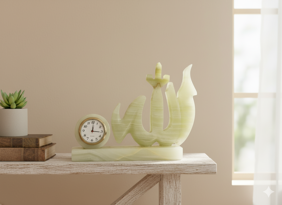Hand-Carved Onyx “Allah” Desk Clock — Islamic Calligraphy Decor